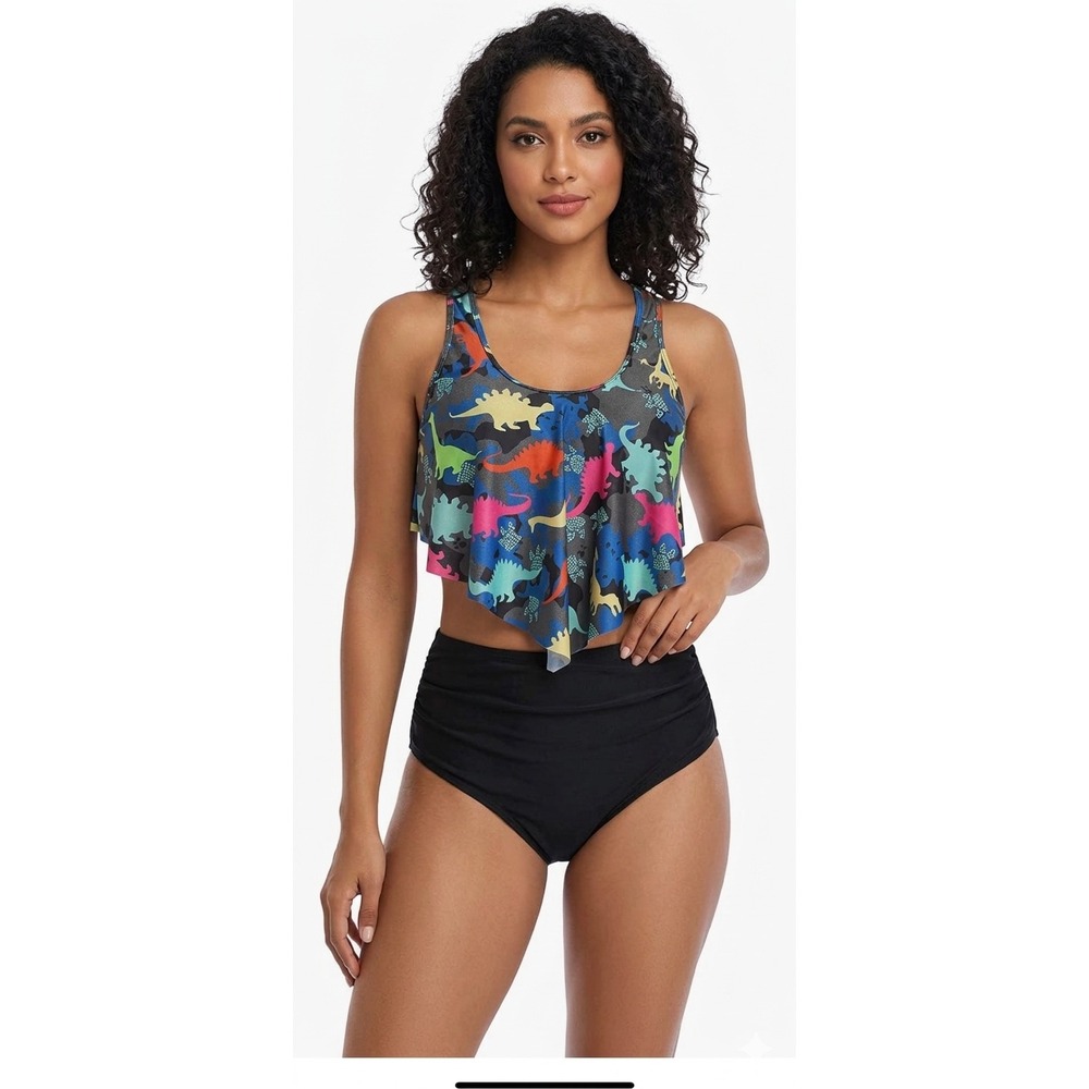 Flowy Dinosaur Print Tankini Set High Waist Bottom‎ Tummy Control Beach Ready M